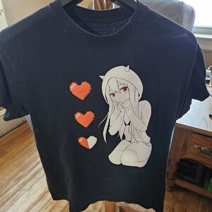 GAP Black Tee with White Anime Girl and Red Pixel Hearts
